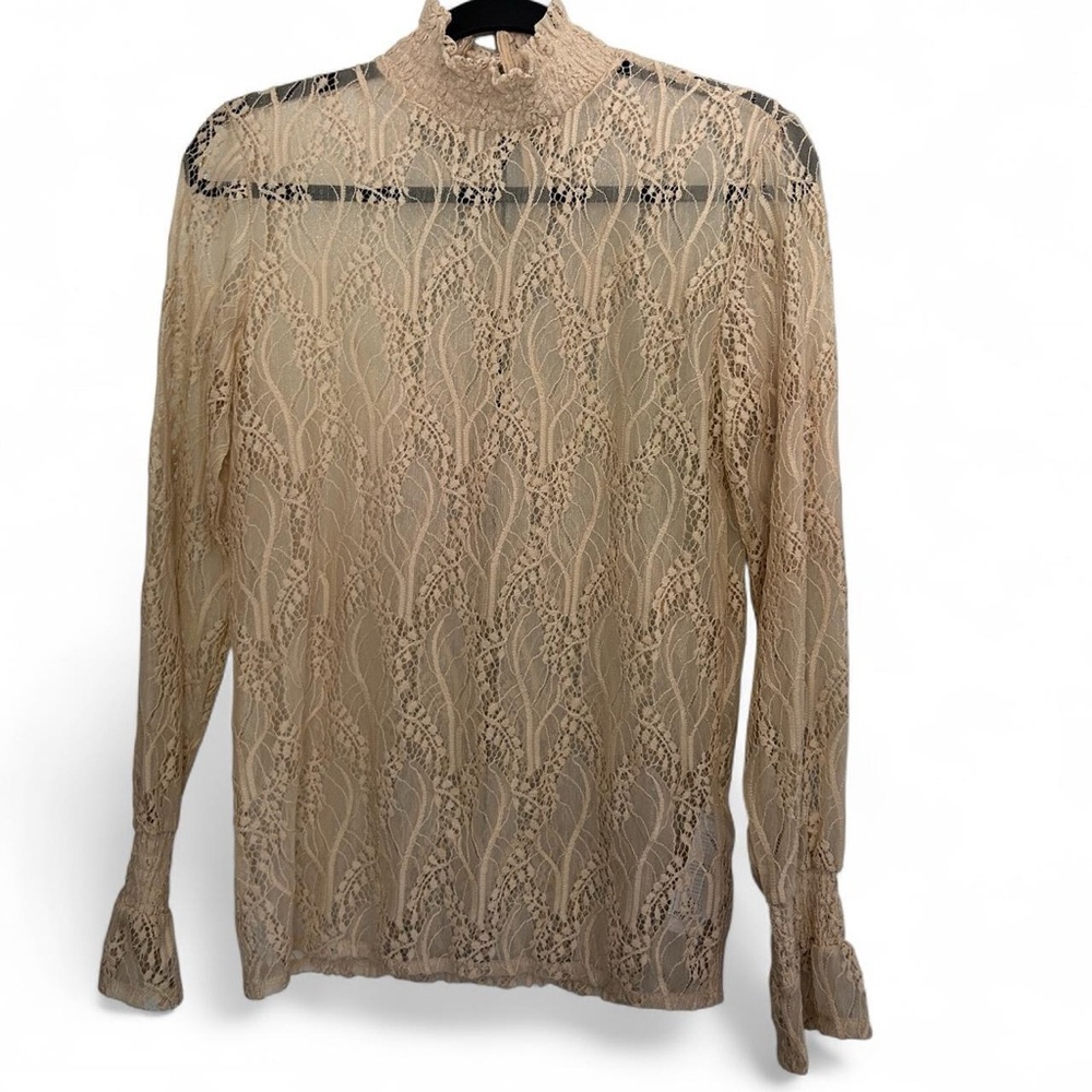 b.young Beige Sheer Lace Mock Neck Blouse Flared Cuff Small